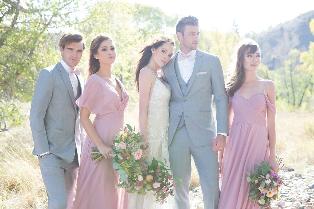 grey tux with pink dress Pink Dress with Grey Suite Prom